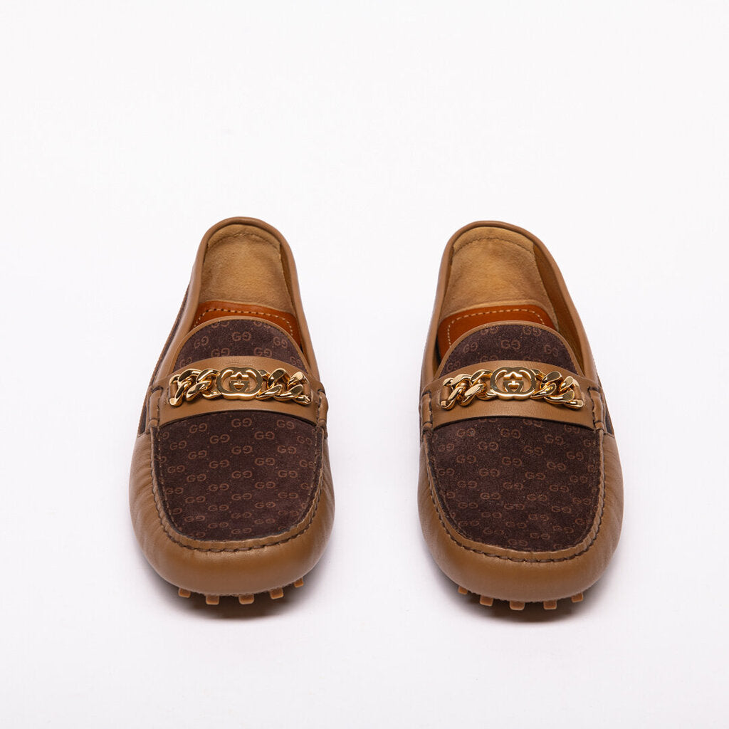 Gucci Brown Leather Gold Chain Loafers
