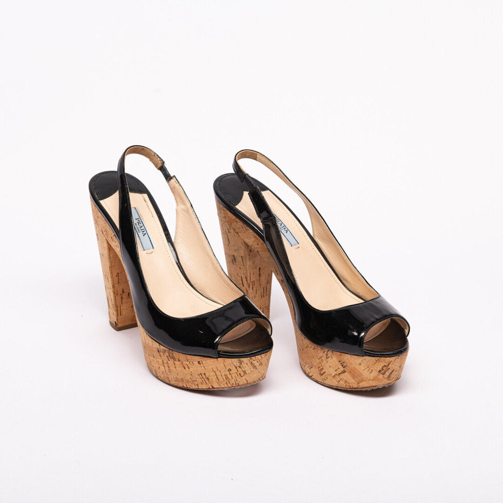 Prada Black Patent Cork Wedge Sandal