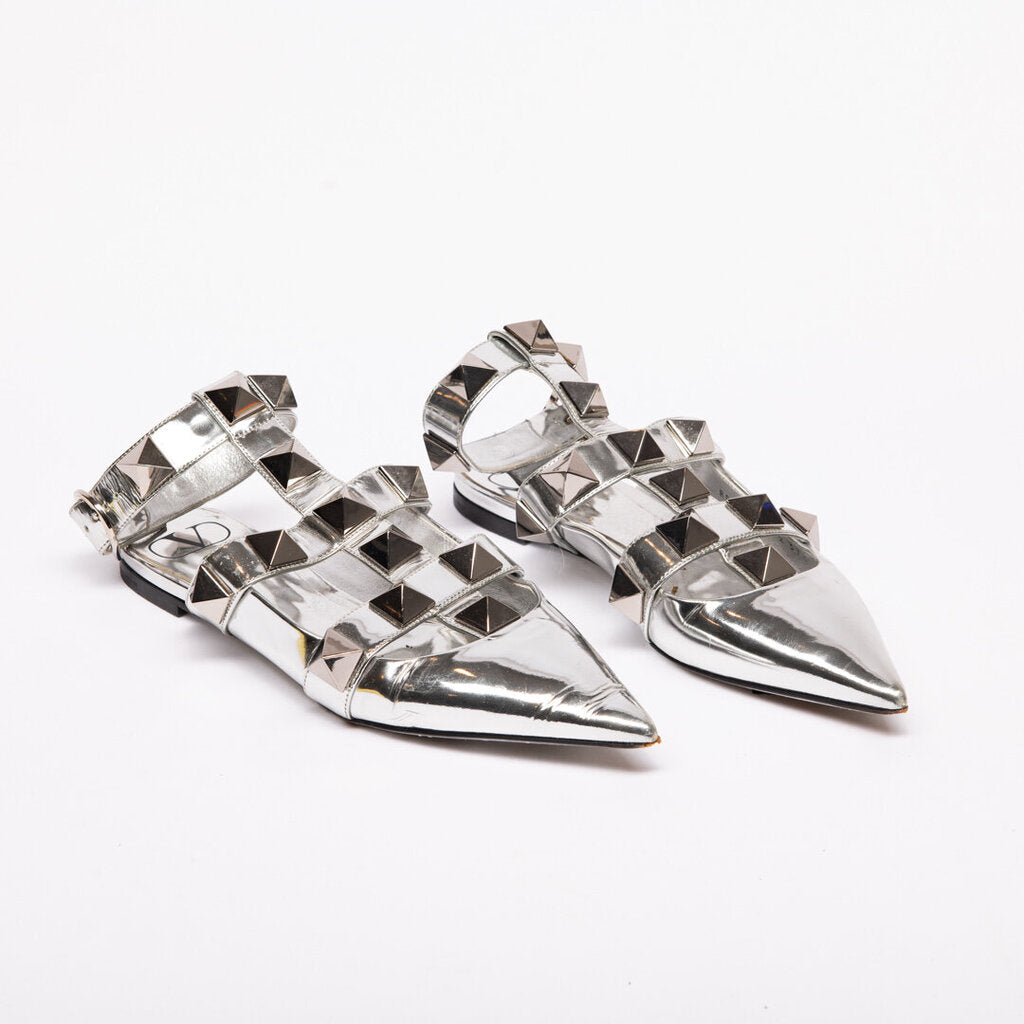 Valentino Silver Metallic Rockstud Flat