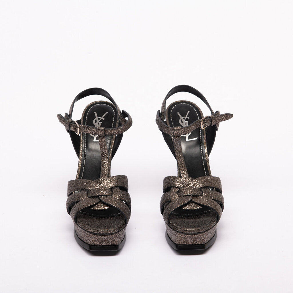 Saint Laurent Pewter Leather Tribute Heels