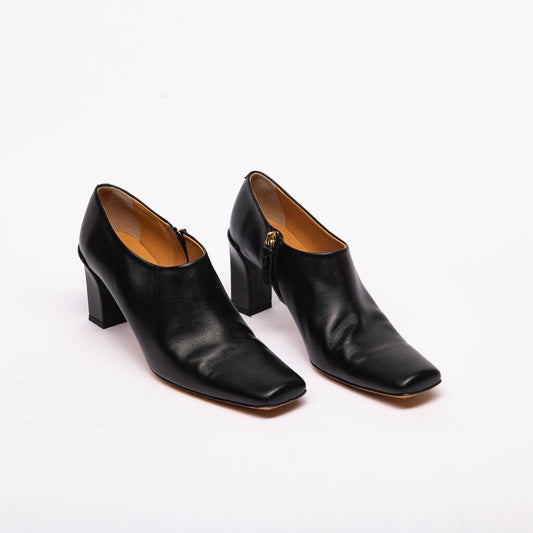 Tod's Black Leather Square Toe Heeled Loafer