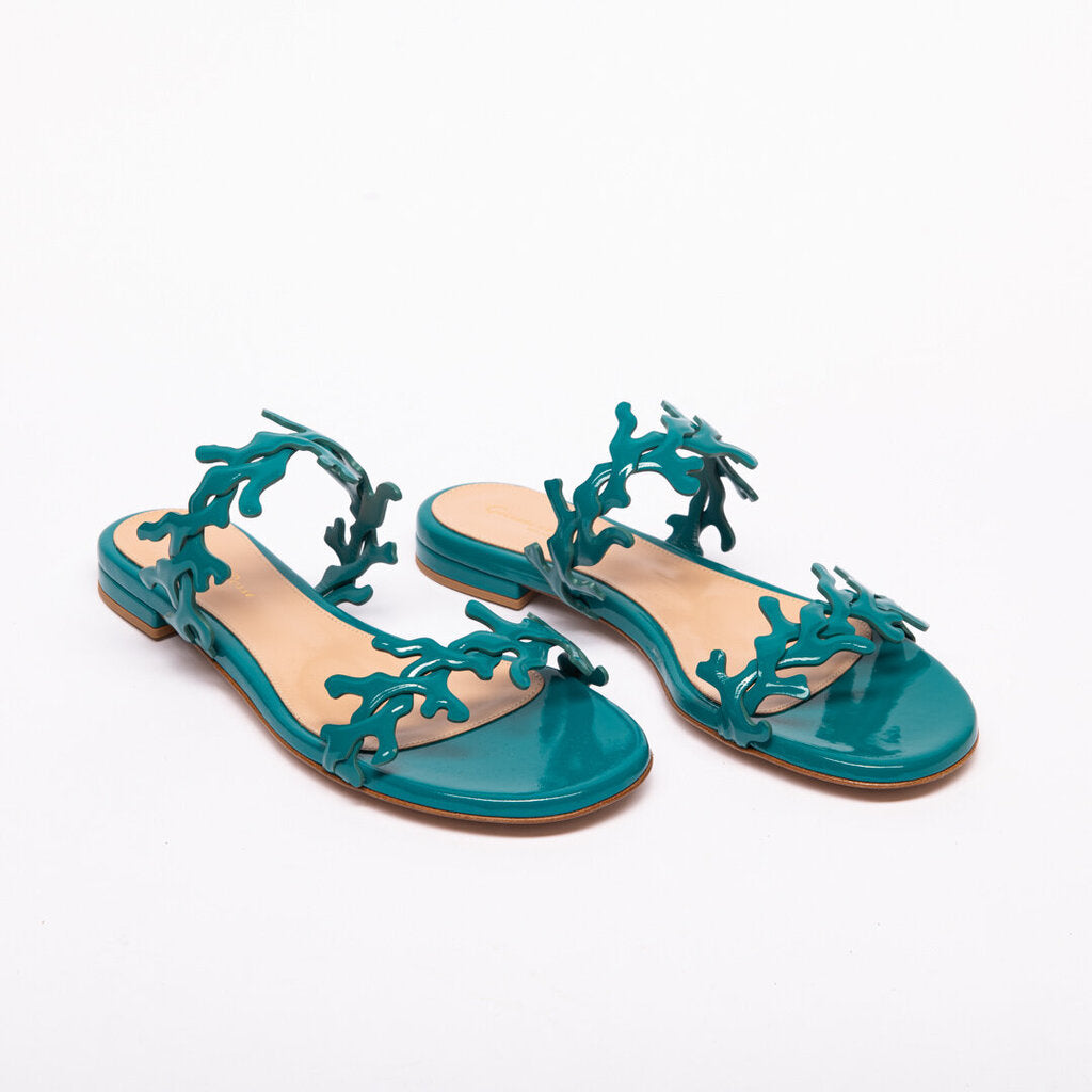 Gianvito Rossi Teal Patent Laser-Cut Coral Slides