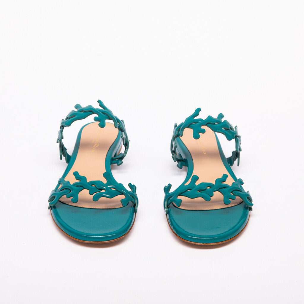 Gianvito Rossi Teal Patent Laser-Cut Coral Slides
