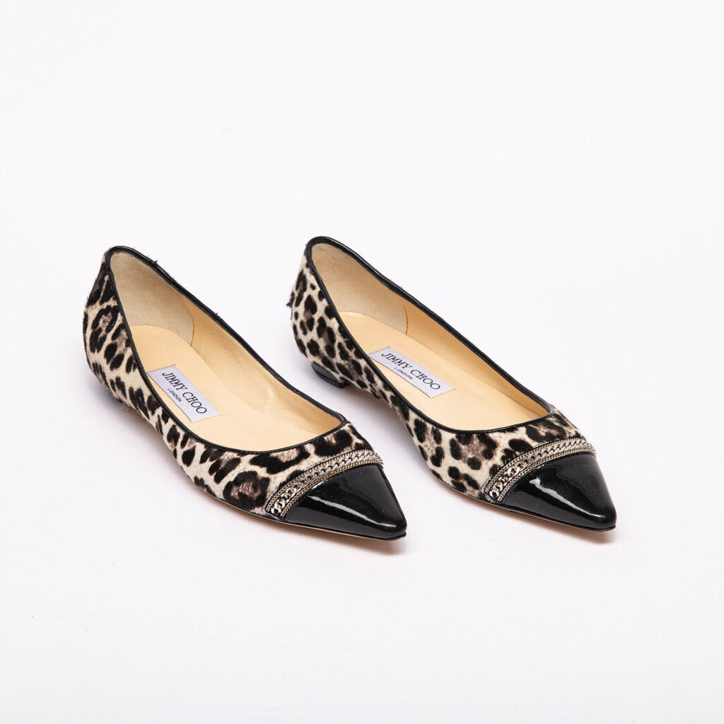 Jimmy Choo Brown Pony Hair Animal Print Chain-Accent Flats