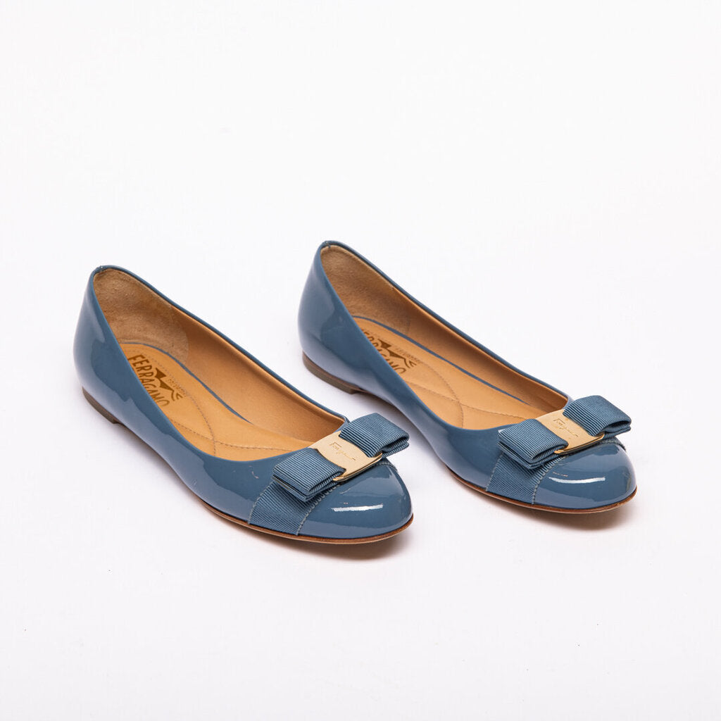 Ferragamo Blue Patent Bow Flats