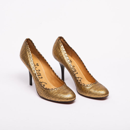 Lanvin Gold Leather Round Toe Heels