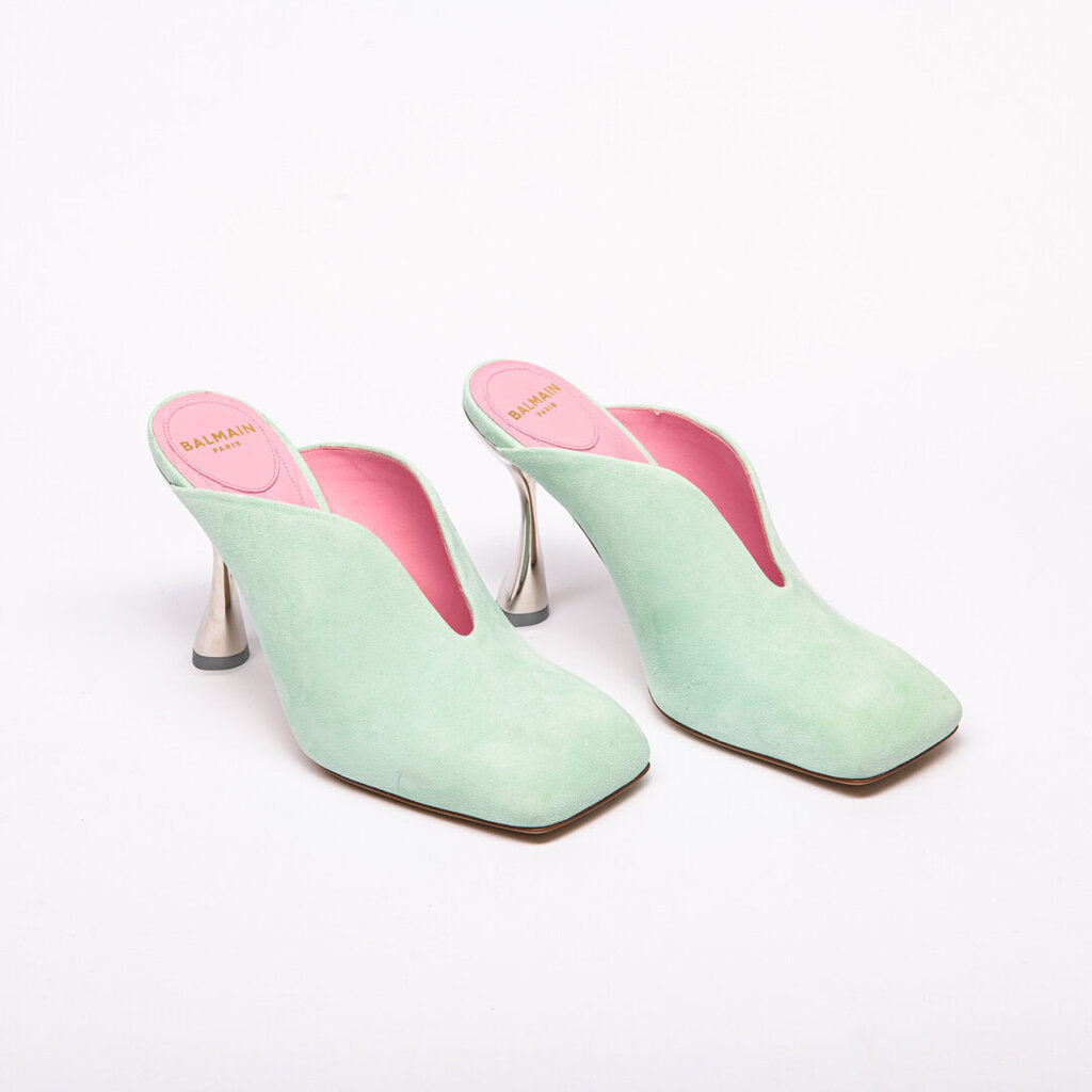 Balmain Mint Green Eden Suede Mules