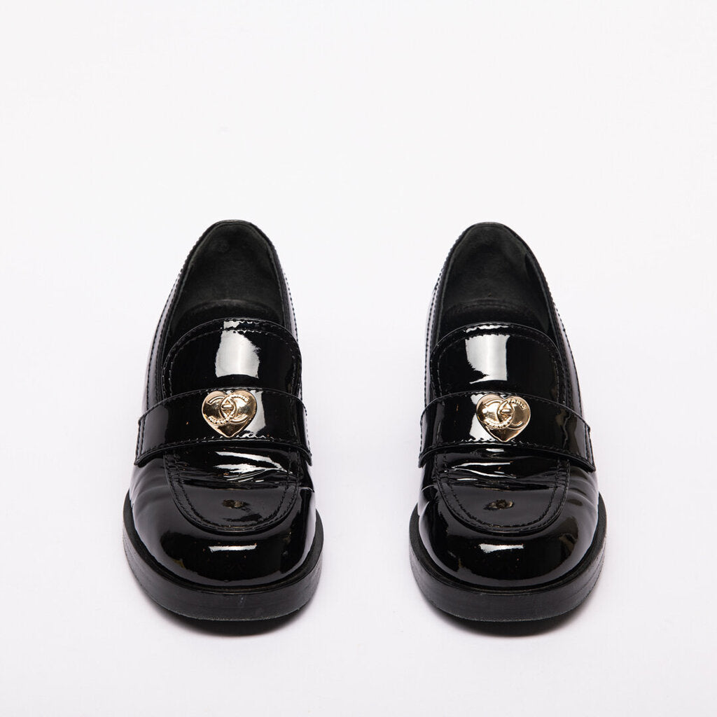 Chanel Black Patent Heeled Loafer