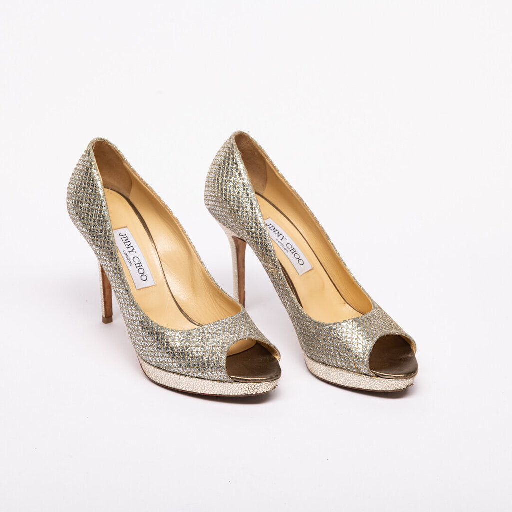 Jimmy Choo Silver Glitter Peep Toe Pump