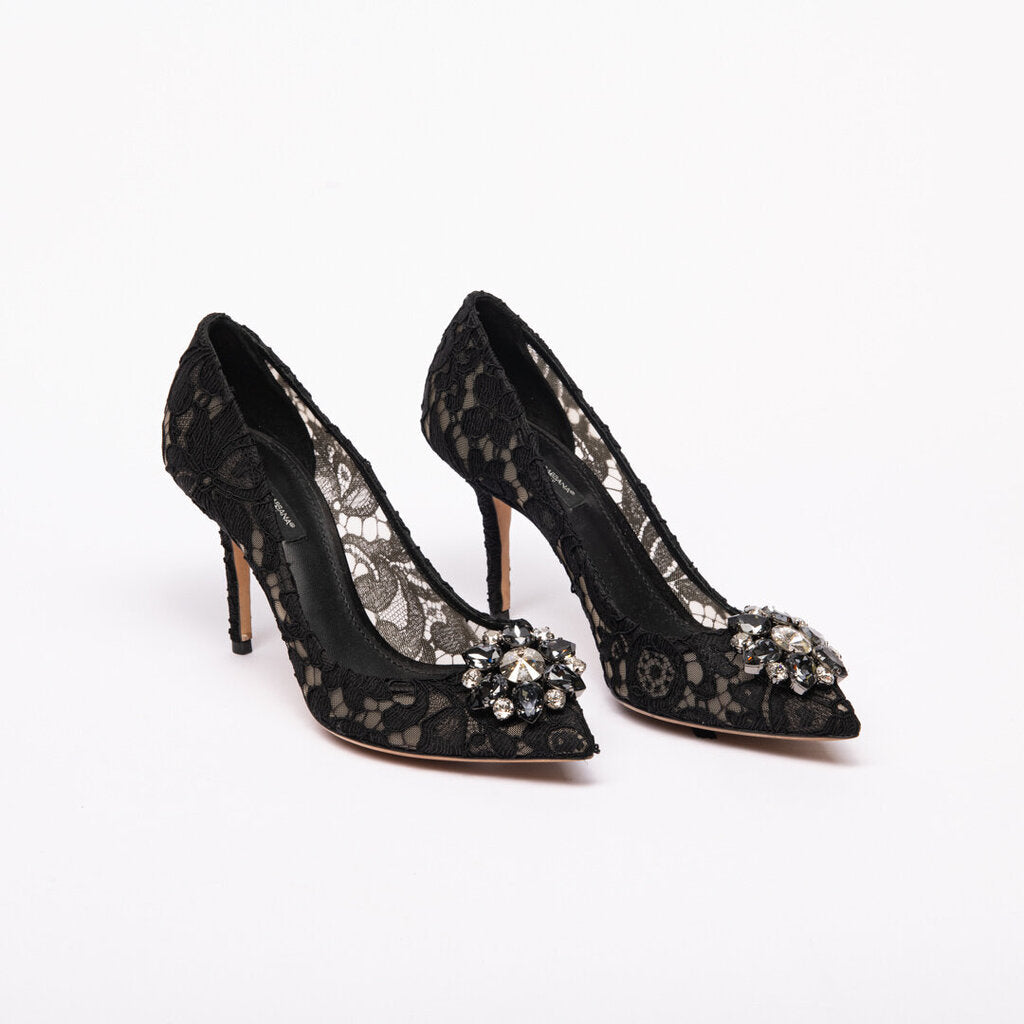Dolce & Gabbana Black Lace Crystal Embellished Heels