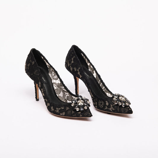 Dolce & Gabbana Black Lace Crystal Embellished Heels