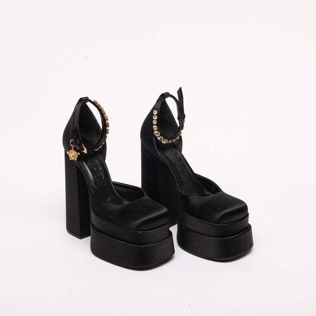 Versace Black Satin Platform Crystal Ankle Heels
