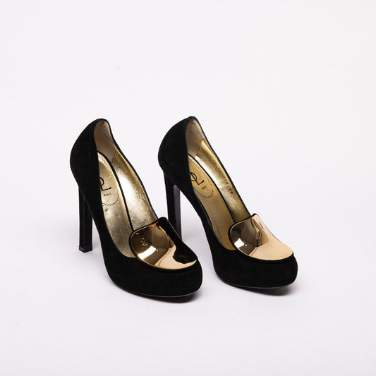 Yves Saint Laurent Black Suede Gold Toe Heels