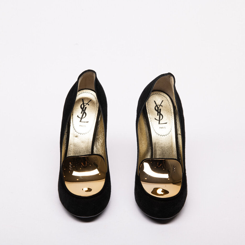 Yves Saint Laurent Black Suede Gold Toe Heels