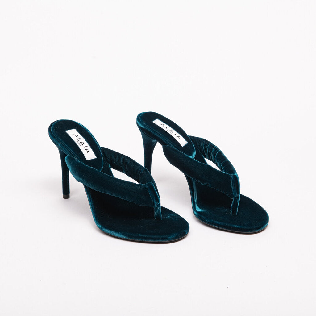 Alaia Blue Velvet Thong Heeled Sandals