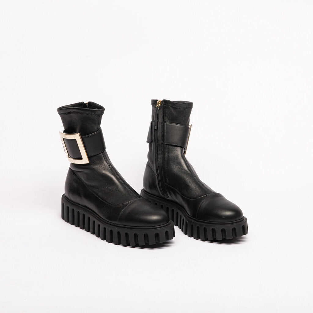 Black Leather Buckle Boot, 38