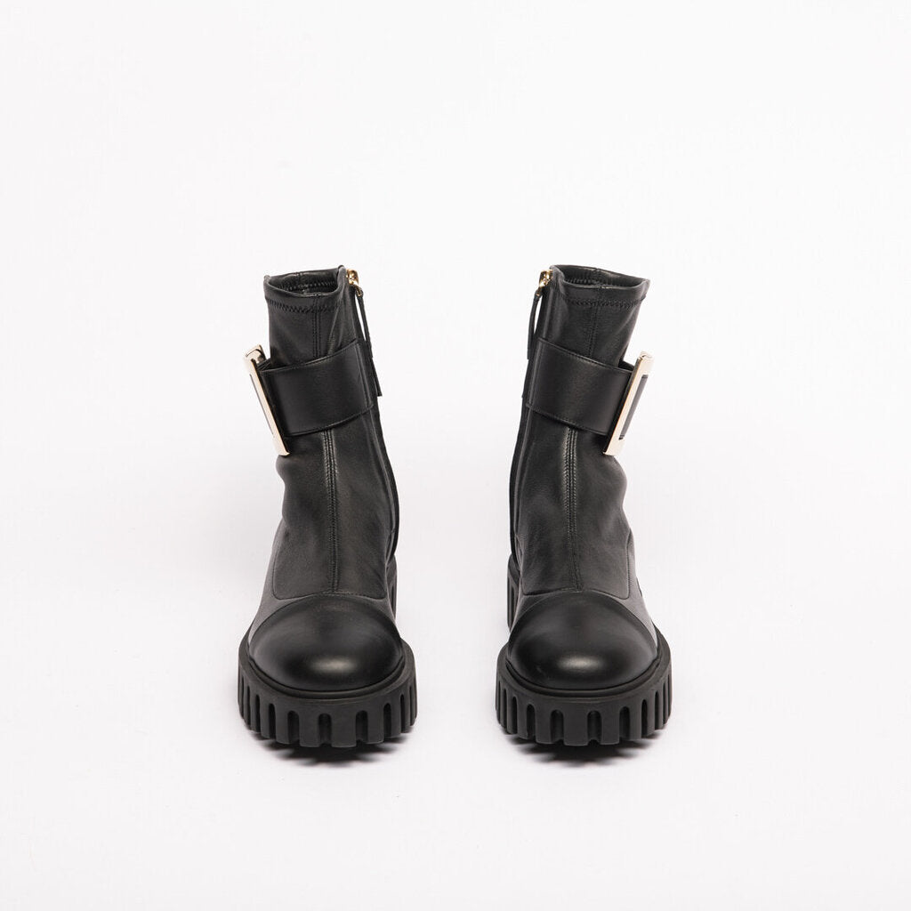 Black Leather Buckle Boot, 38