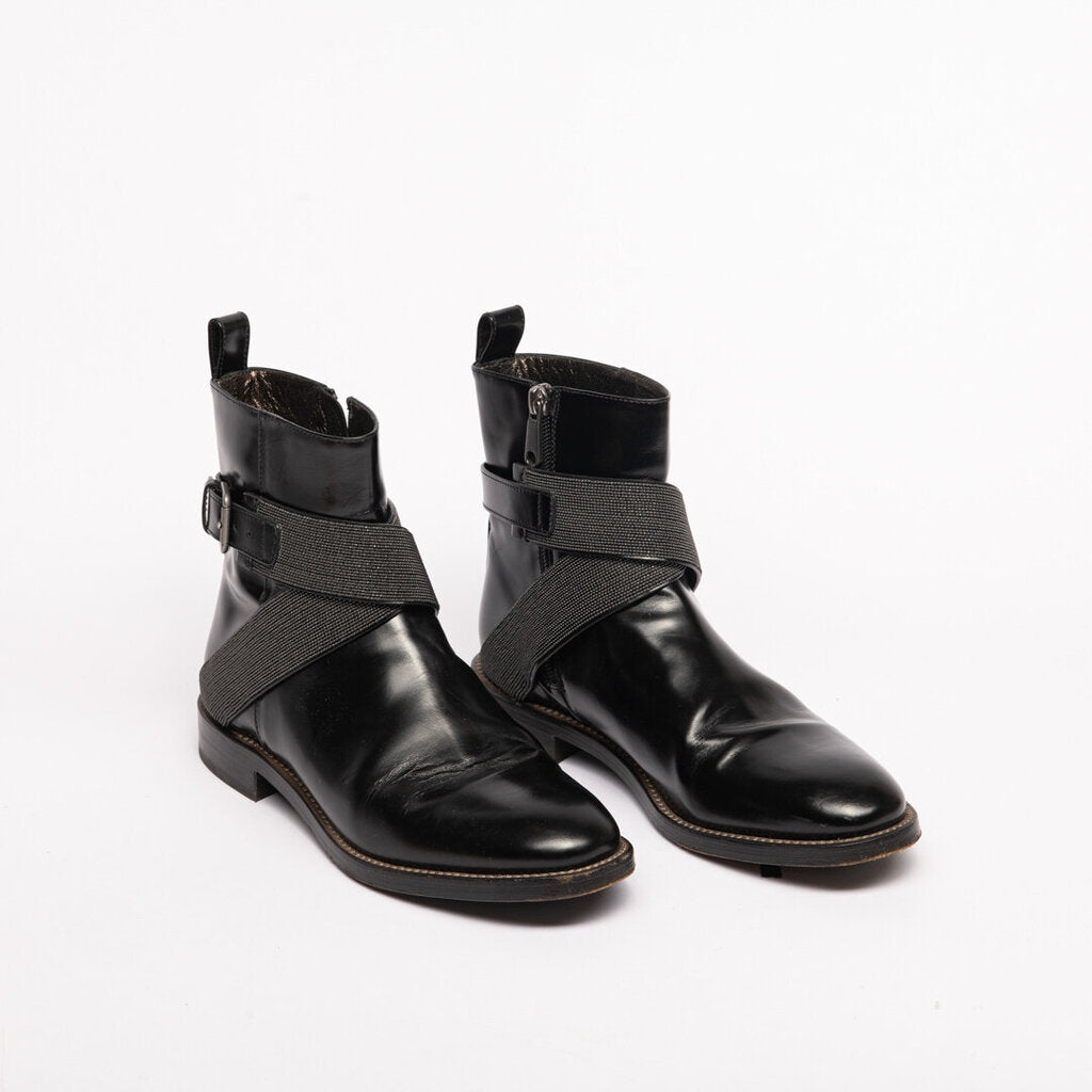 Black Leather Jeweled Strap Booties (37.5)