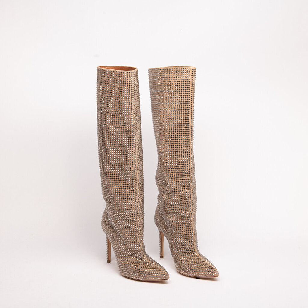 Beige Suede Bejewled Tall Boot