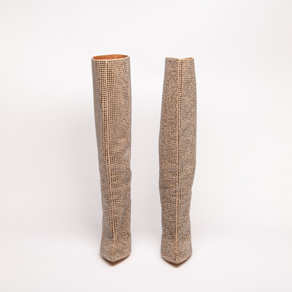 Beige Suede Bejewled Tall Boot