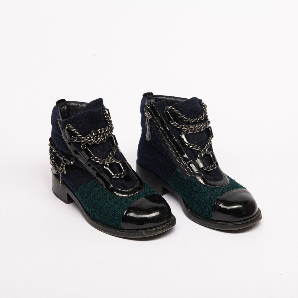 Green/Blue Tweed Chain Boot (As Is)