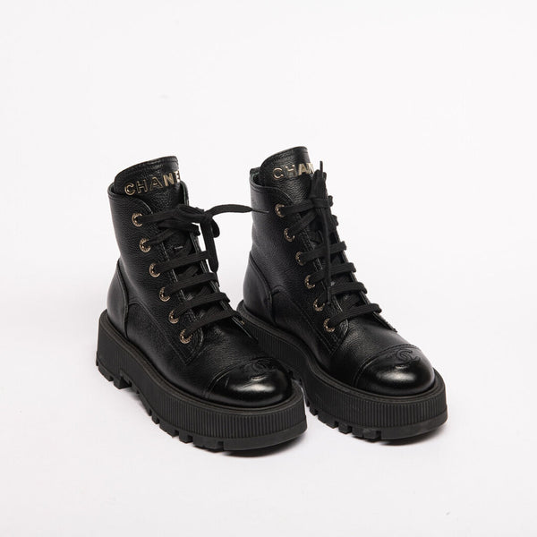 Chanel Black Lace Up Combat Boots (est 1800)