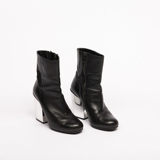 Black Leather Silver Heel Boot, 38
