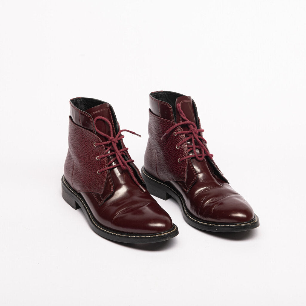Red Leather Lace Up Ankle Boot