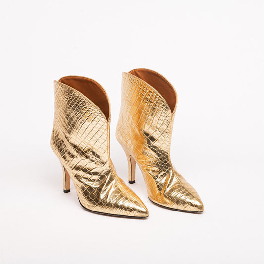 Gold Leather Croc Embossed Ankle Boot