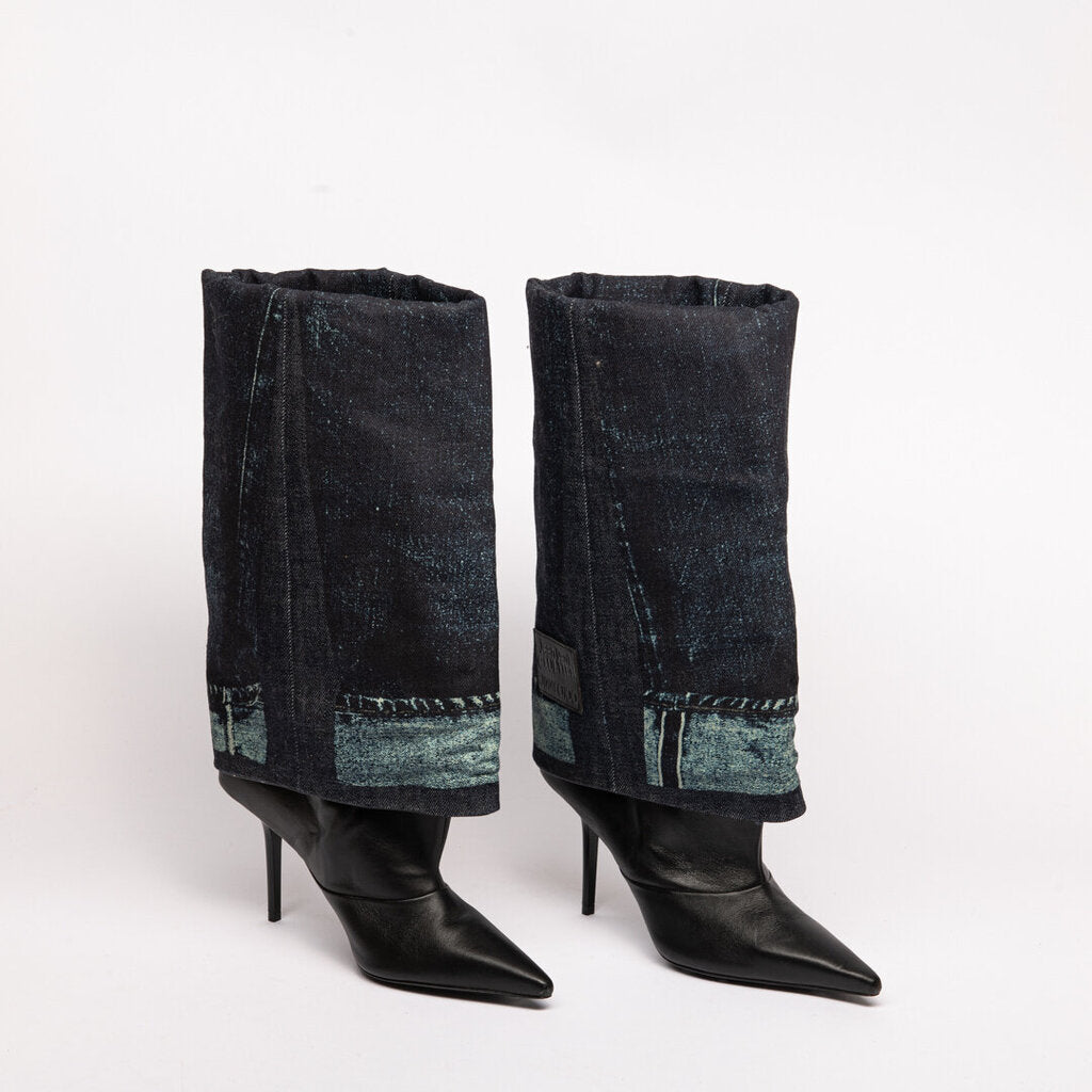 Jimmy Choo x Jean Paul Gauthier Black Leather & Denim Effect Boots