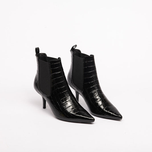 Black Patent Leather Embossed Heeled Booties (est 450)