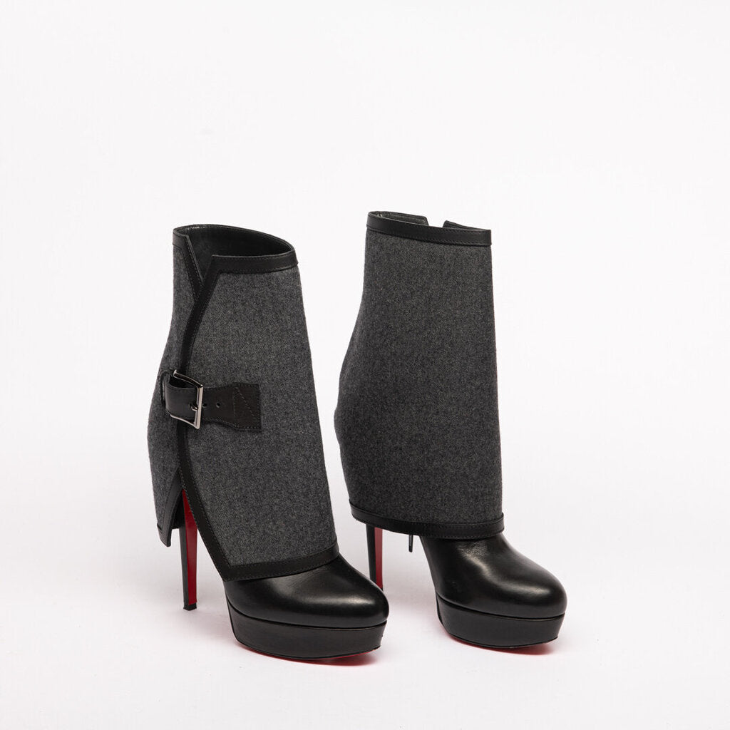 Black Leather Wool-Overlay Heeled Boots