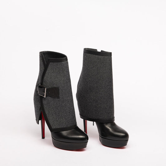 Black Leather Wool-Overlay Heeled Boots