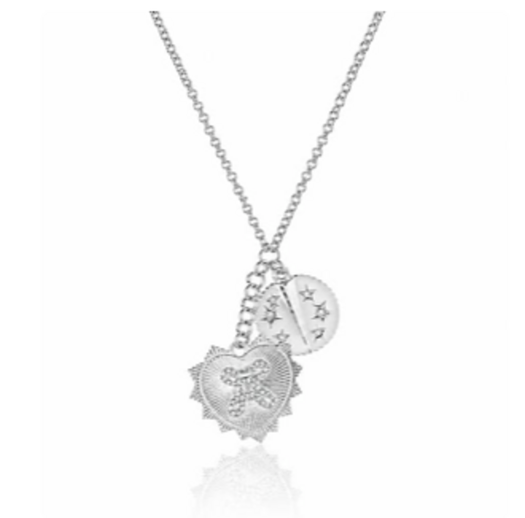 Fluted Heart and coin charm Rolo chain Necklace WG