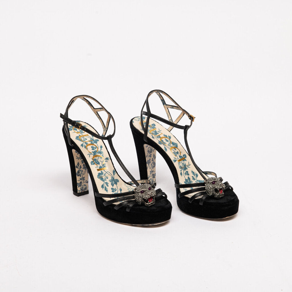 Gucci Black Suede Feline Head T-Strap Sandal
