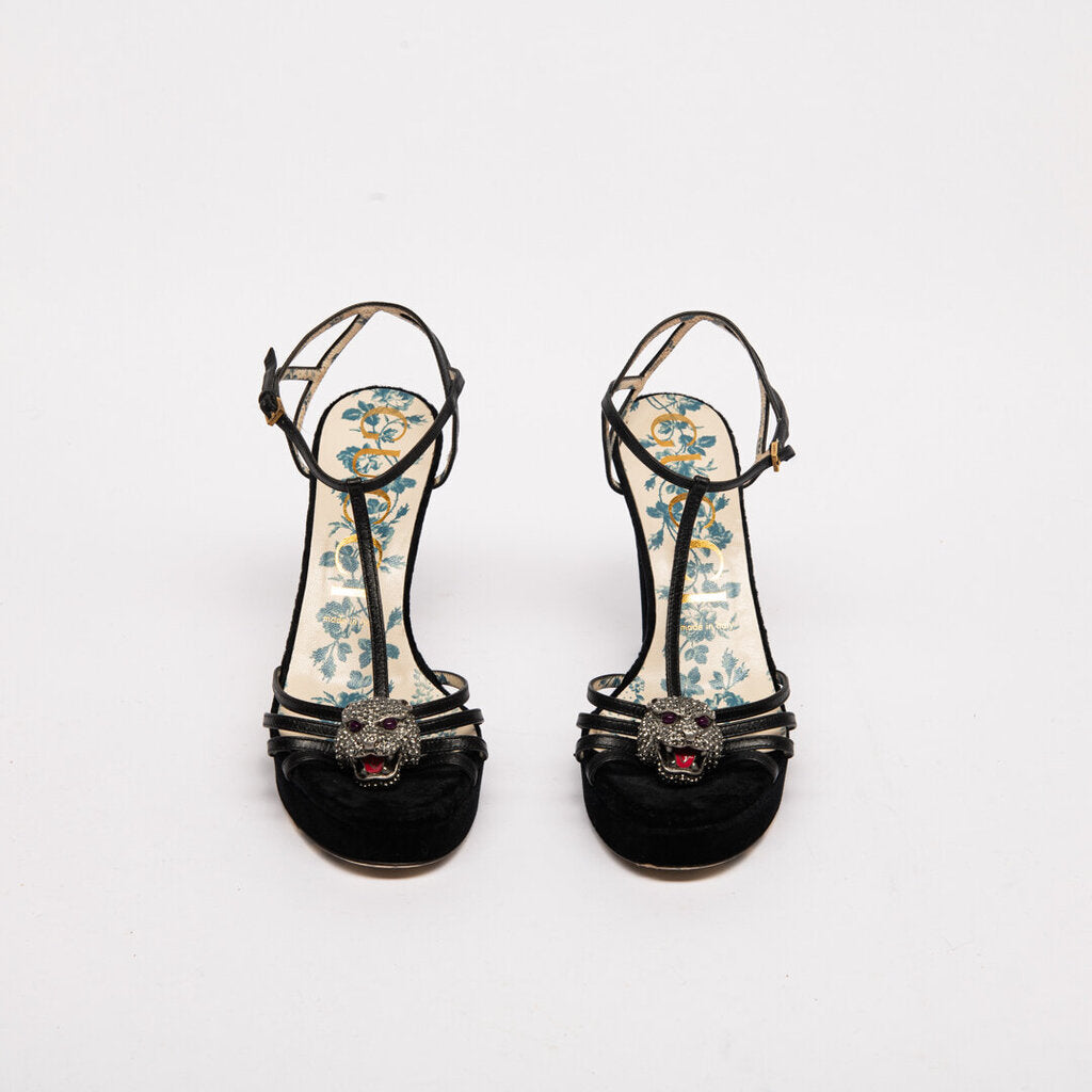 Gucci Black Suede Feline Head T-Strap Sandal