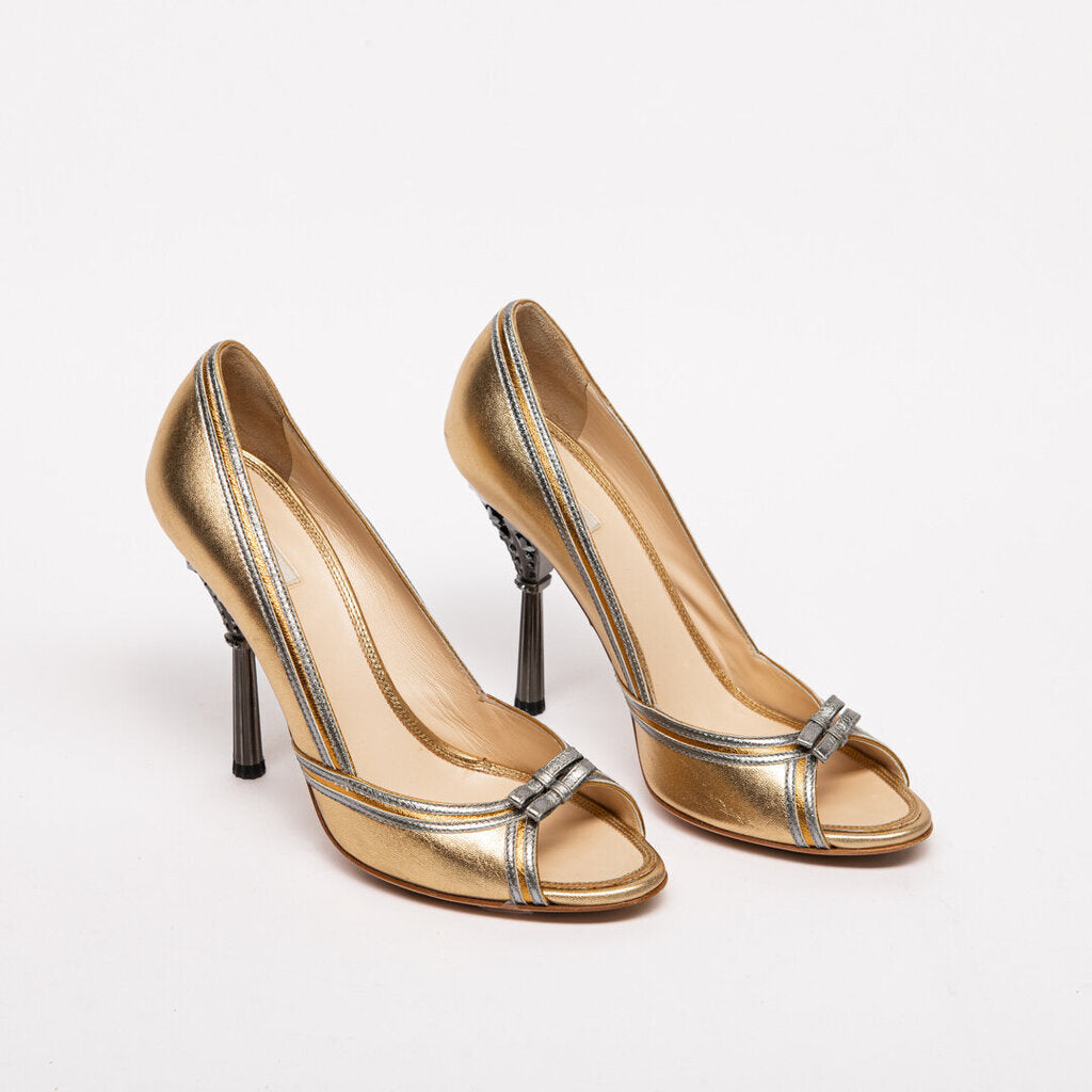 Prada Gold Leather Jeweled-Heel Pumps
