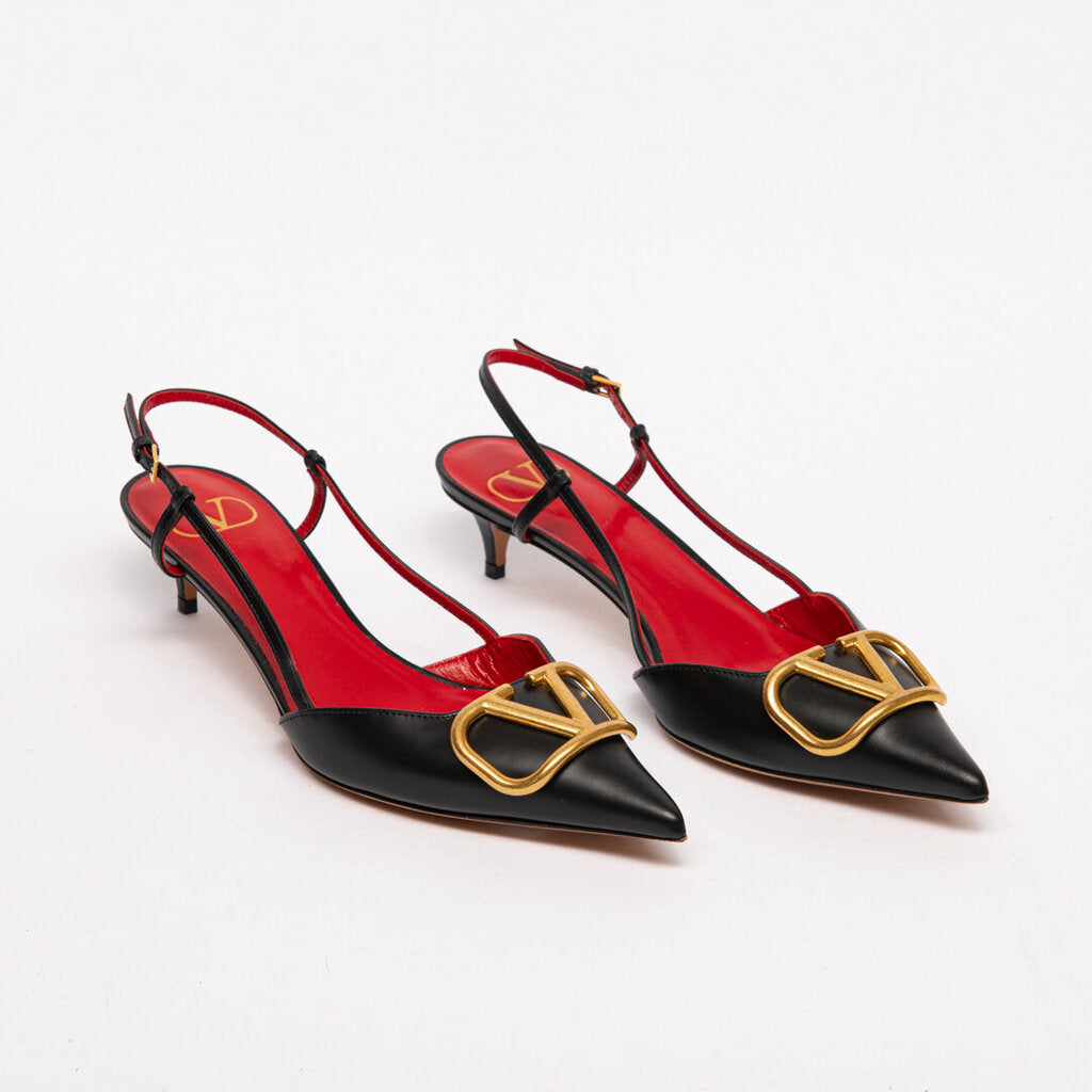 Valentino Black Leather V Logo Slingback Heels