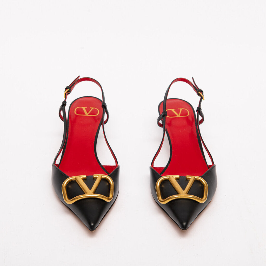 Valentino Black Leather V Logo Slingback Heels