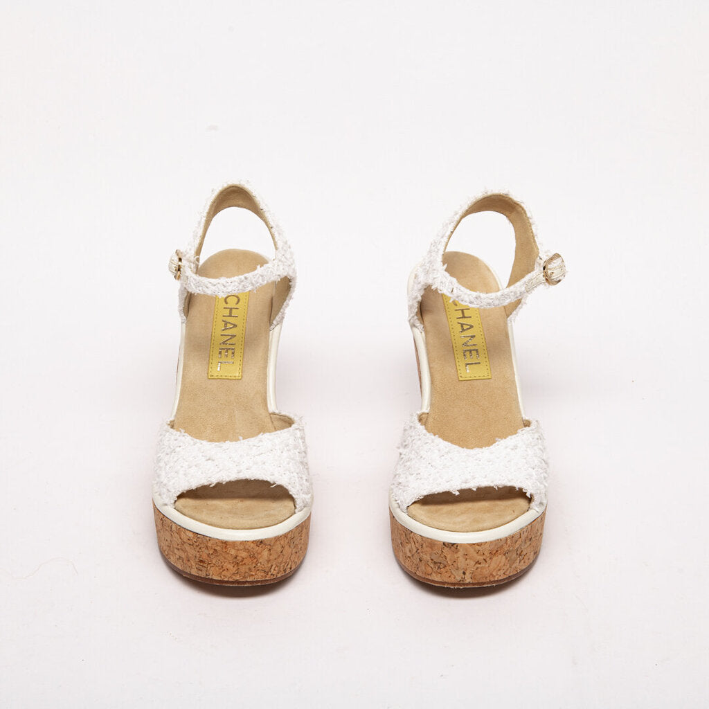 Chanel White Tweed Wedge