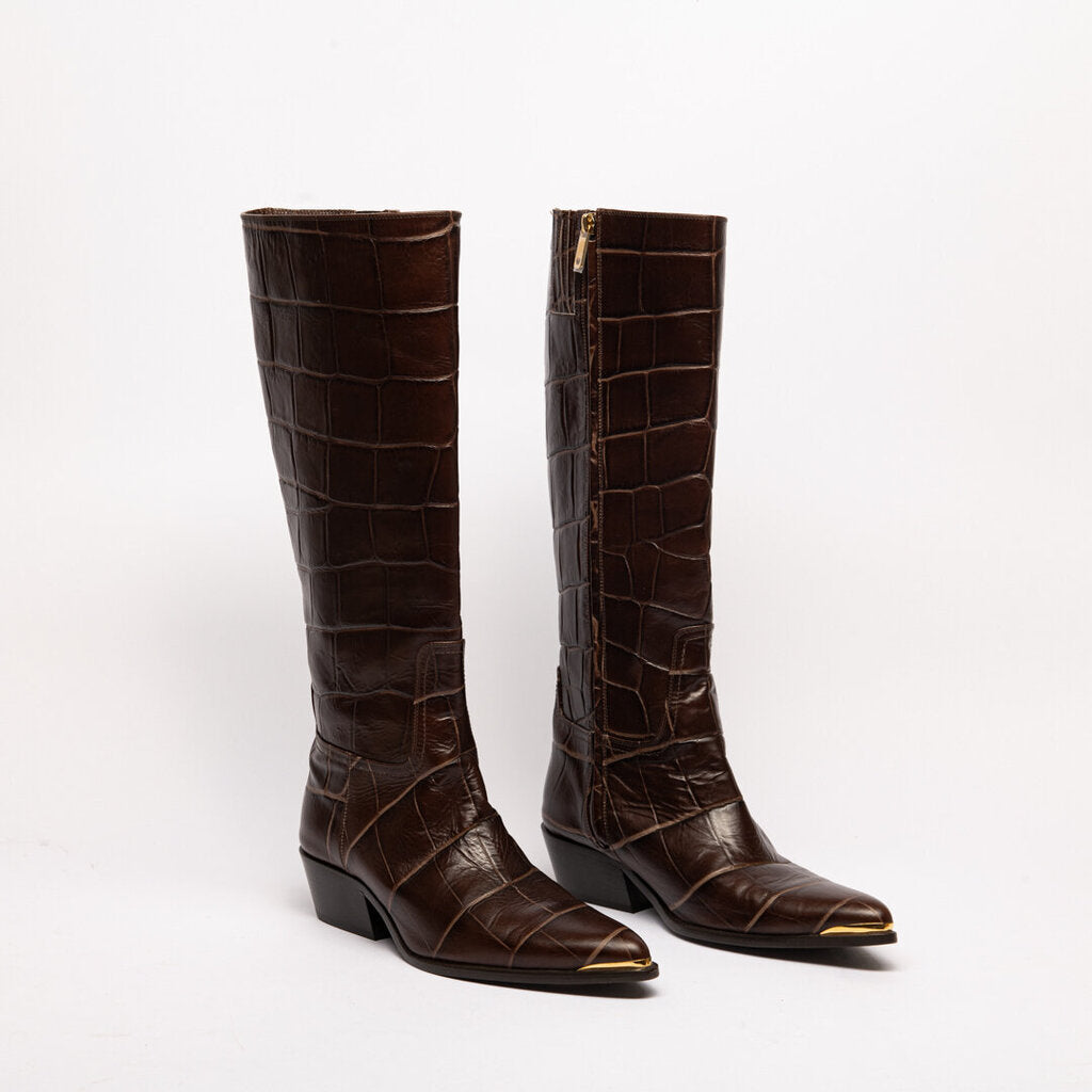 Le Seul Brown Embossed Gold Tip Boot