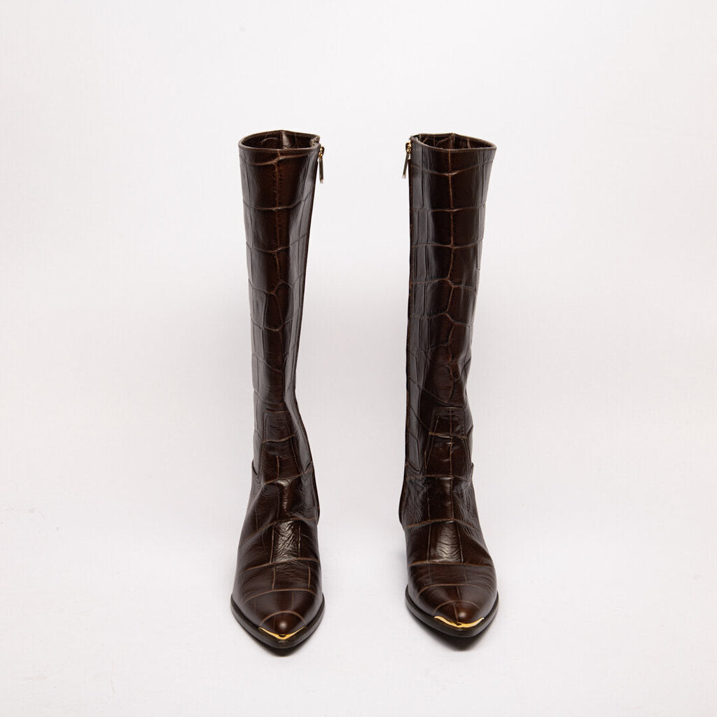 Le Seul Brown Embossed Gold Tip Boot
