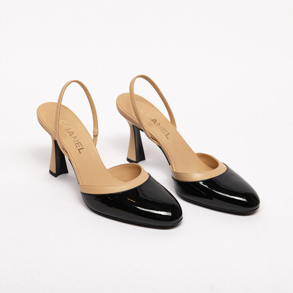 Chanel Beige Leather Black Patent Leather Slingback