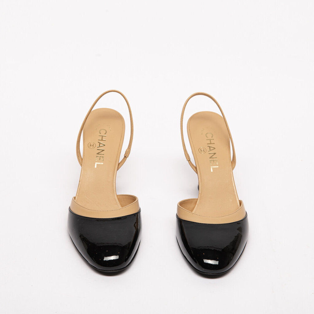 Chanel Beige Leather Black Patent Leather Slingback