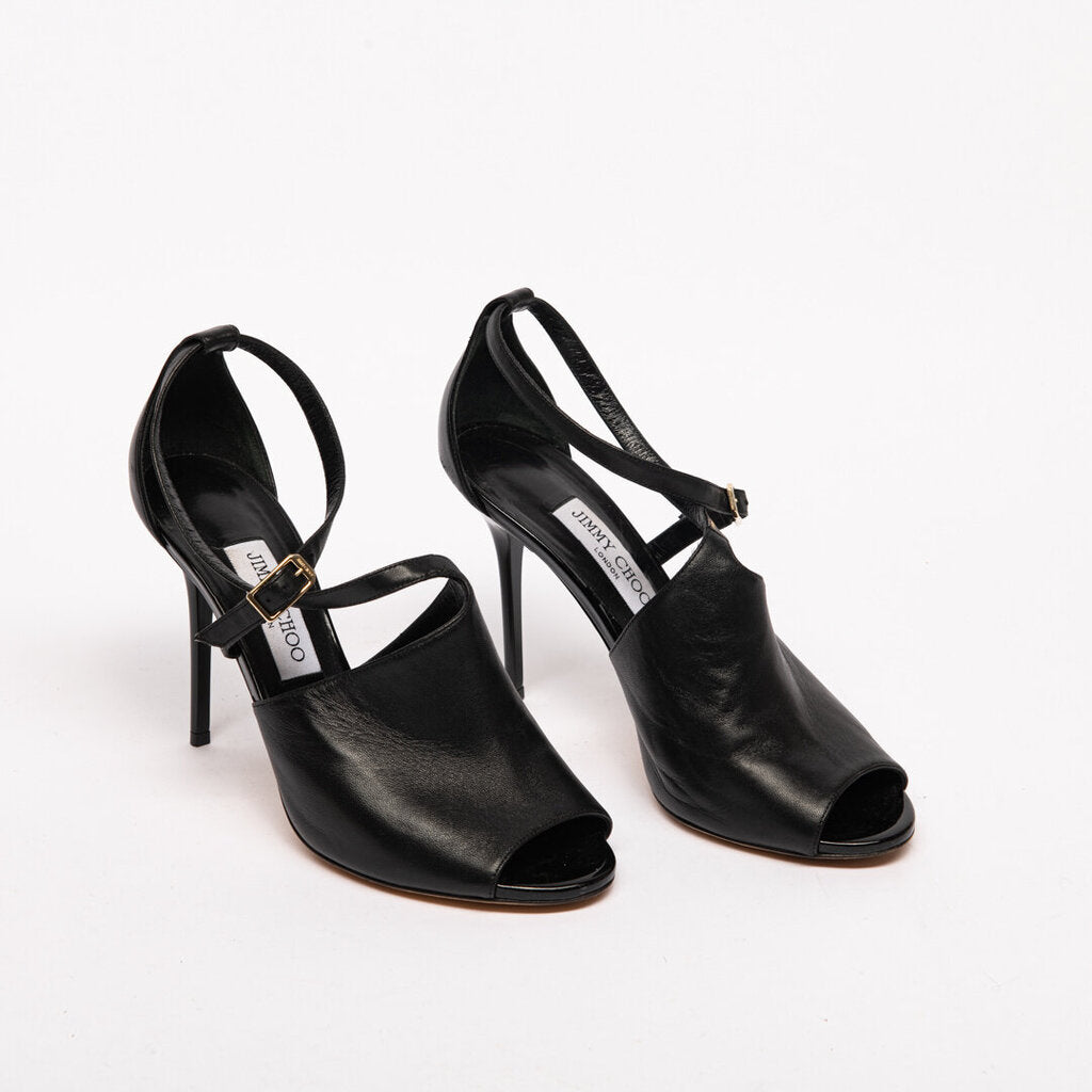 Jimmy Choo Black Leather Peep-Toe Heeled Sandals