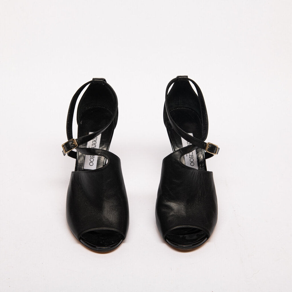 Jimmy Choo Black Leather Peep-Toe Heeled Sandals