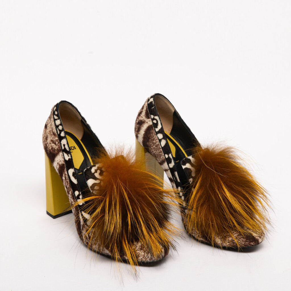 Fendi Pony Hair Fox Fur Yellow Block Heel