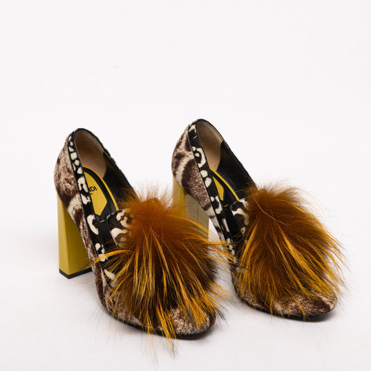 Fendi Pony Hair Fox Fur Yellow Block Heel