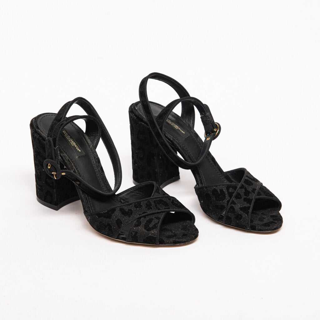 Dolce & Gabbana Black Glitter Leopard Block Heel Sandal