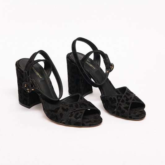 Dolce & Gabbana Black Glitter Leopard Block Heel Sandal